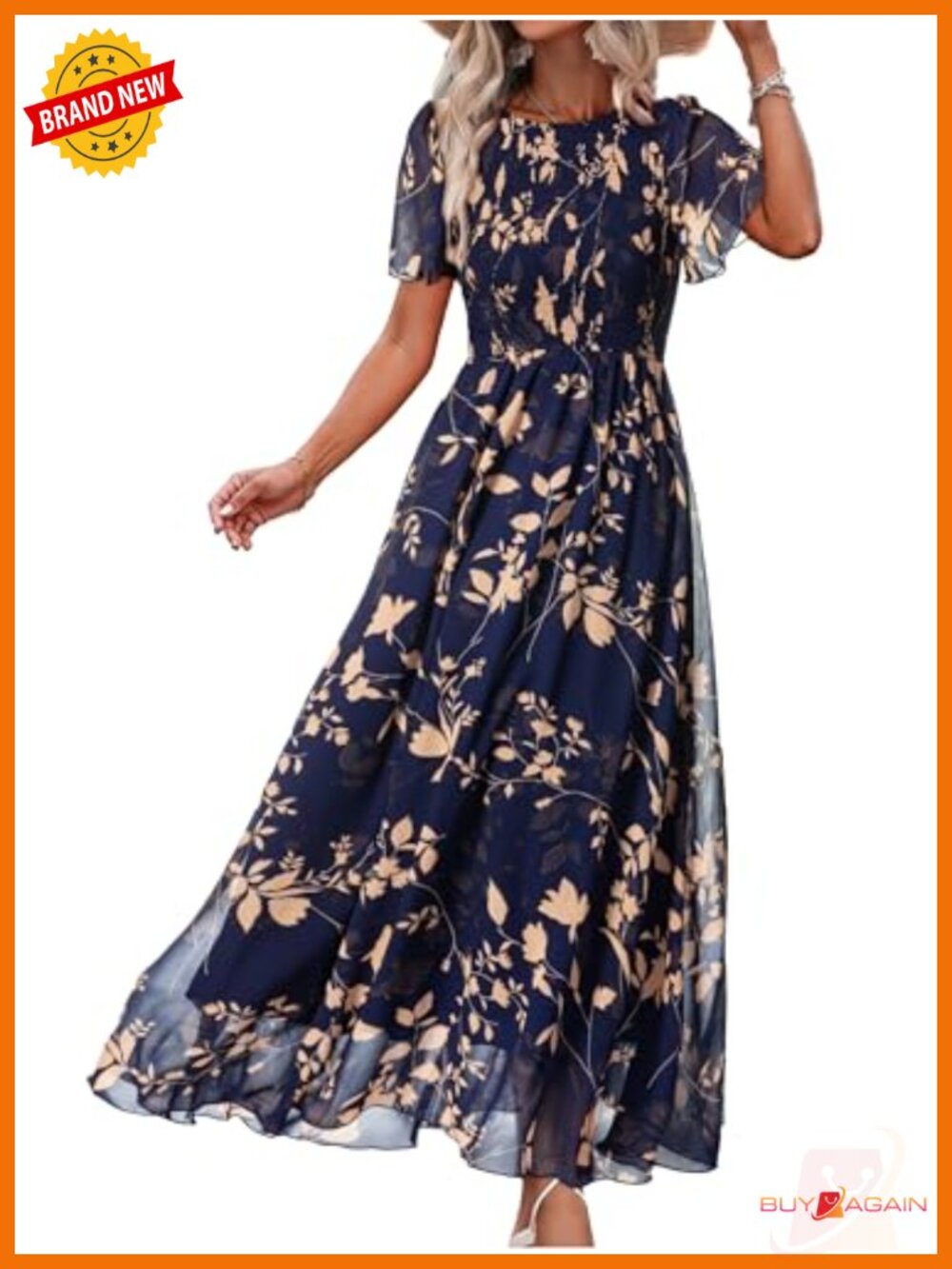 Womens Floral Chiffon Smocked Maxi Dress Flutter Sleeve